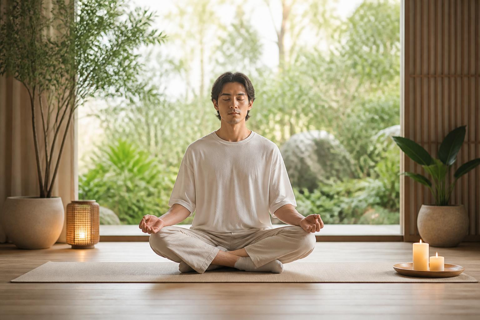 Homme meditant dans un jardin paisible