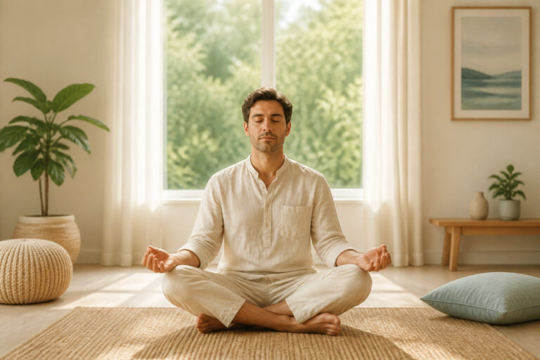 Homme meditant dans une piece lumineuse