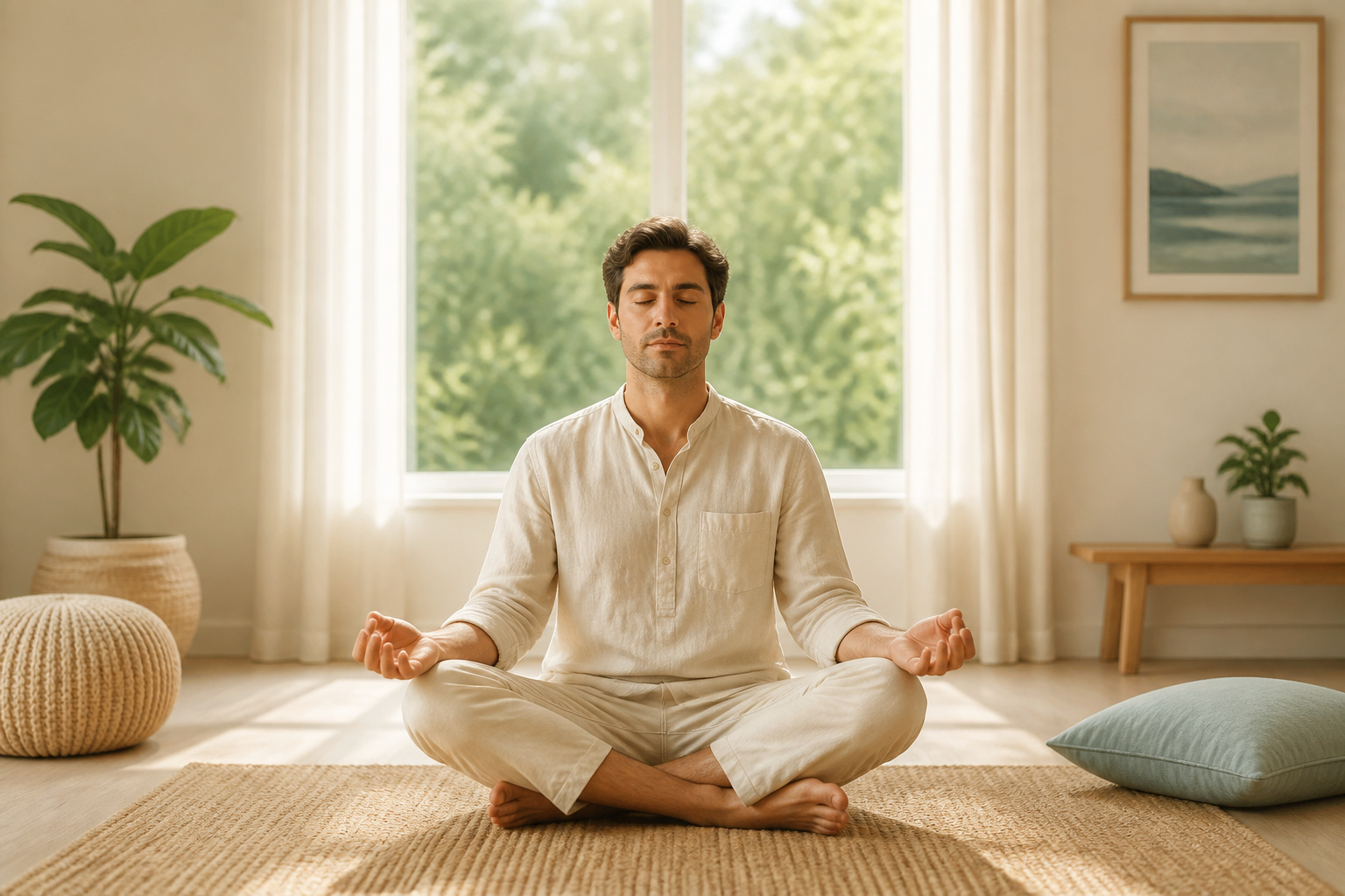 Homme meditant dans une piece lumineuse