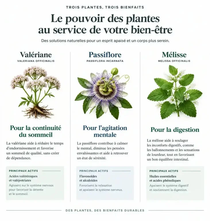 Infographie des plantes pour un sommeil profond : valériane, passiflore et mélisse.