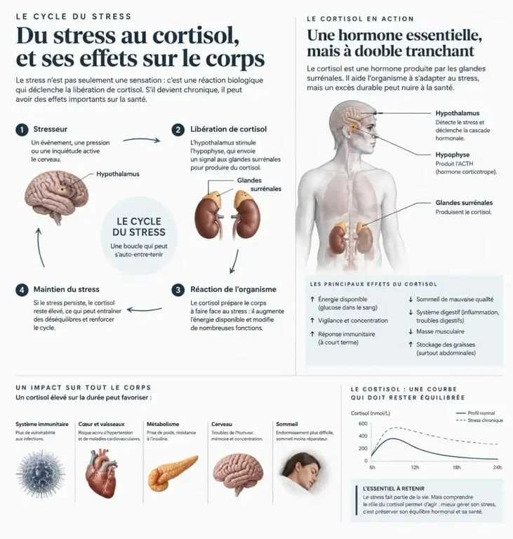 Infographie sur le mécanisme du stress et le rôle des plantes anti stress