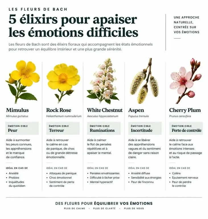 Infographie des fleurs de Bach pour lutter contre les angoisses et retrouver la sérénité