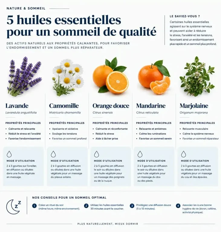 Infographie des huiles essentielles pour le sommeil et leurs bienfaits
