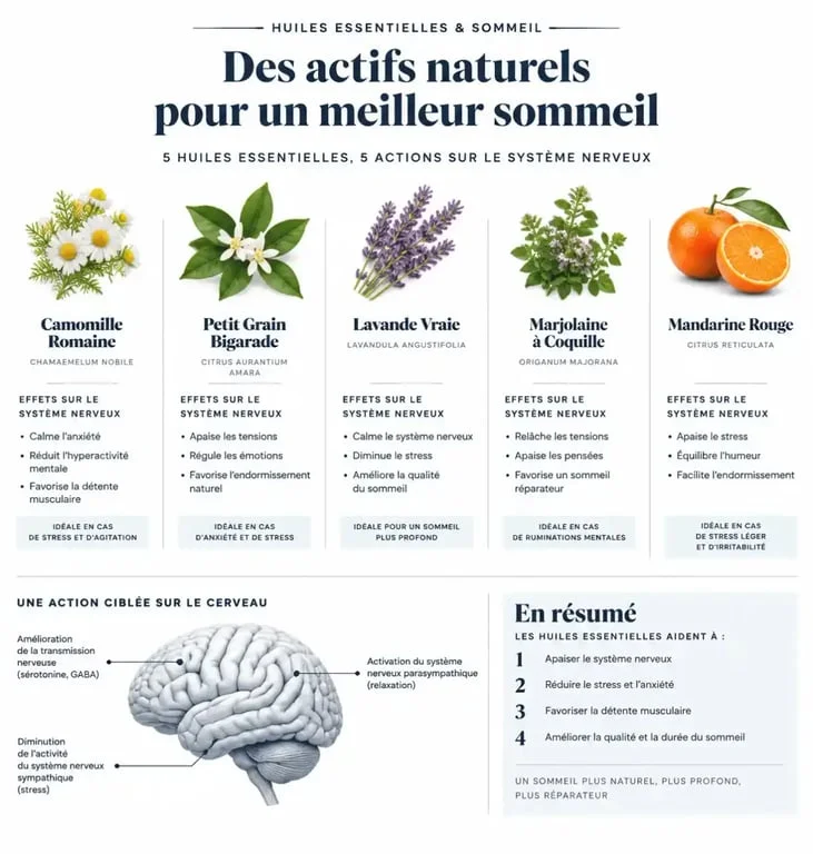 Infographie des bienfaits des huiles essentielles pour l'insomnie et le sommeil