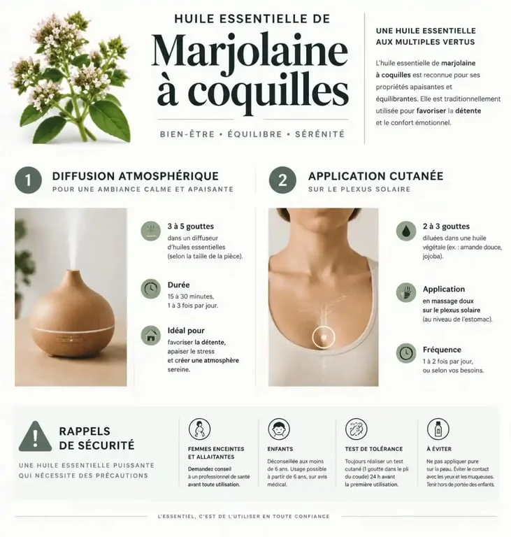 Guide des modes d'utilisation et précautions pour l'huile essentielle de marjolaine à coquilles
