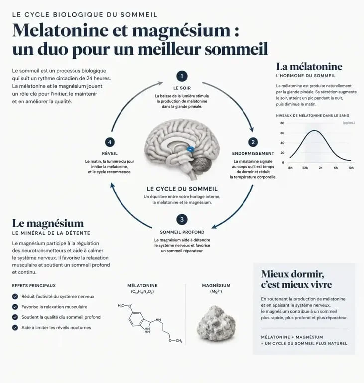 Infographie sur les mécanismes du sommeil et le rôle des compléments alimentaires comme la mélatonine et le magnésium