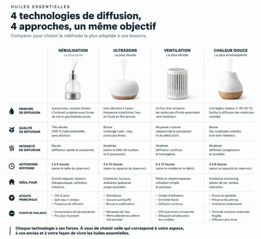 Tableau comparatif des technologies de diffuseur huiles essentielles : nébulisation, ultrasons, ventilation et chaleur douce.