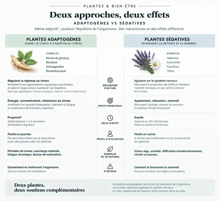Comparaison visuelle entre plantes adaptogènes et sédatives pour la gestion du stress