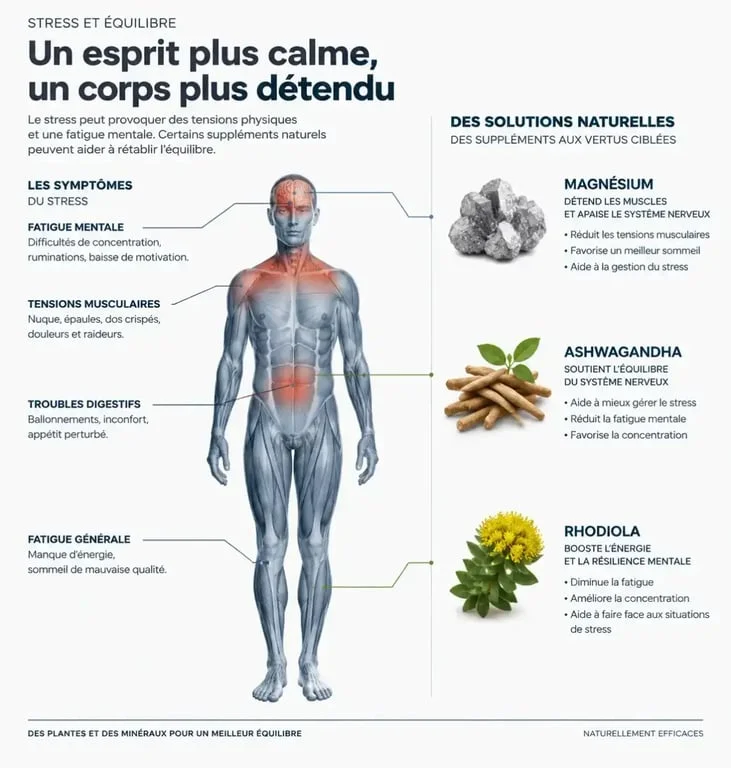 Infographie des bienfaits des compléments alimentaires anti stress sur le corps humain