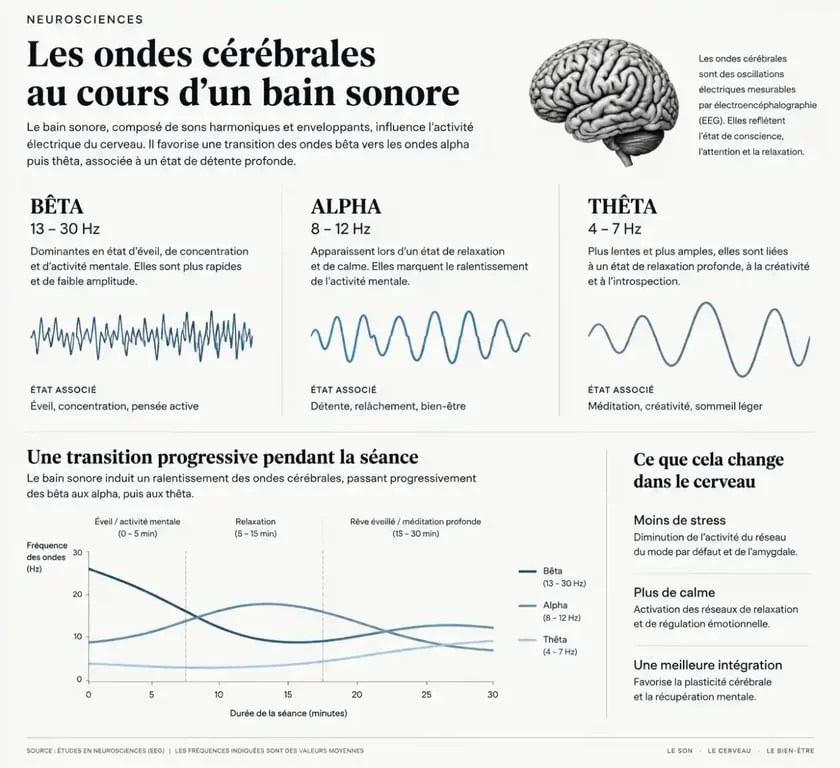 Infographie sur les effets du bain sonore sur les ondes cérébrales et la relaxation