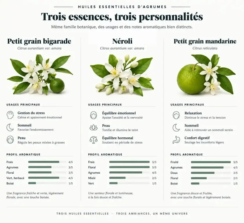 Comparatif des huiles essentielles de petit grain bigarade, néroli et petit grain mandarine