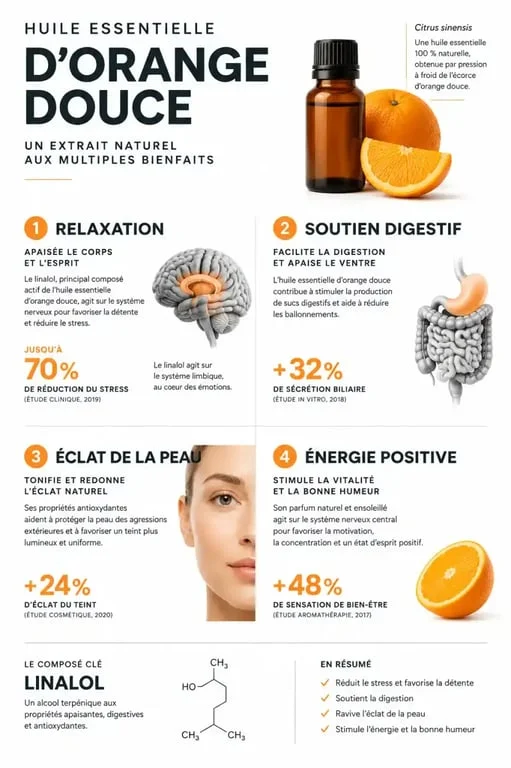 Infographie des bienfaits de l'huile essentielle d'orange douce pour la santé et le bien-être