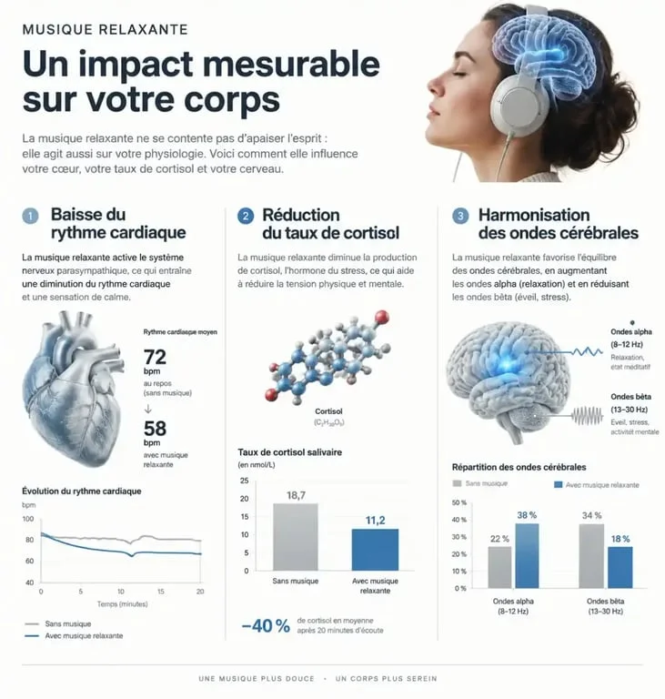 Infographie sur les bienfaits de la musique relaxante pour le soulagement du stress et la santé mentale
