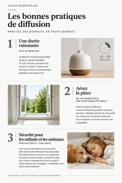 Infographie sur les conseils de sécurité et bonnes pratiques pour utiliser un diffuseur huiles essentielles.