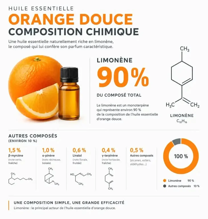 Infographie sur les bienfaits et la composition chimique de l'huile essentielle d'orange douce