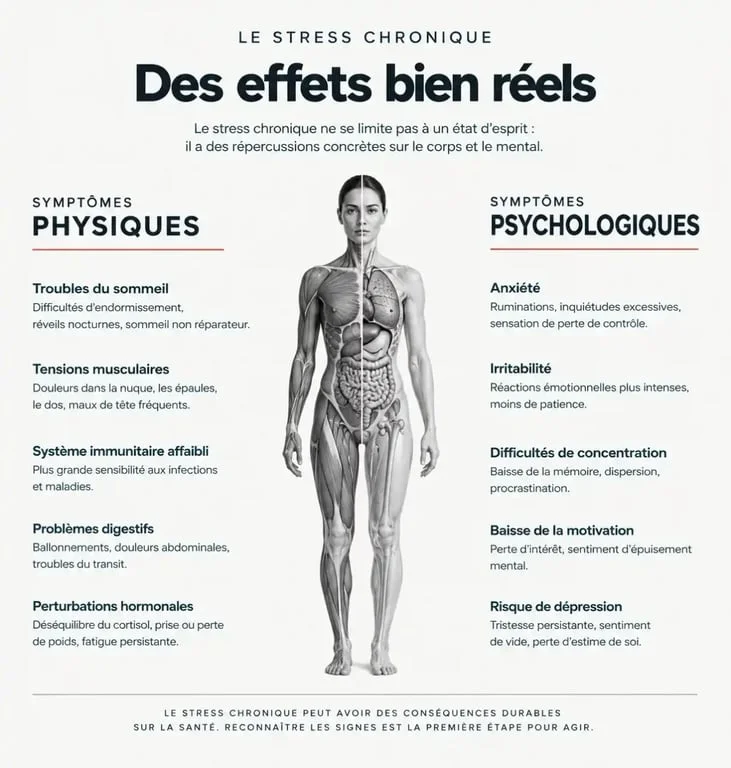 Infographie des symptômes du stress chronique dans le cadre de la gestion stress