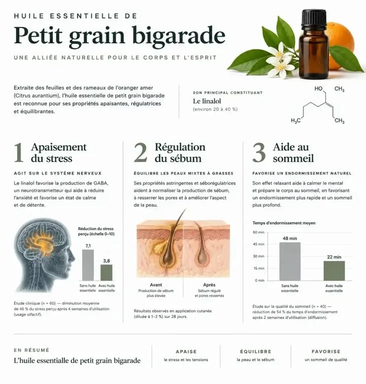 Infographie des bienfaits de l'huile essentielle de petit grain bigarade pour le stress et la peau