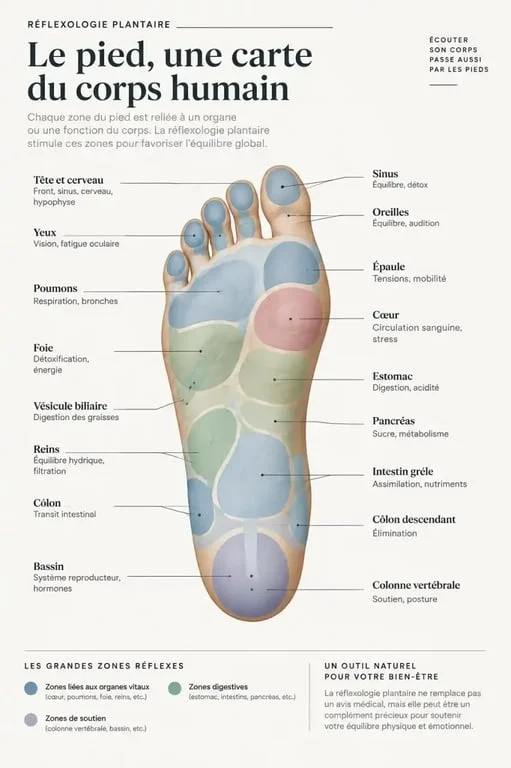 Schéma des zones réflexes du pied en réflexologie plantaire