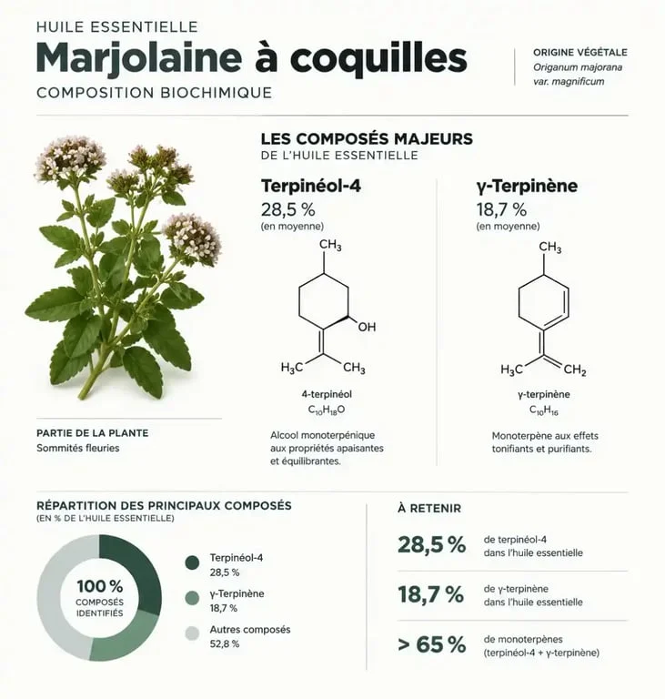 Composition biochimique et propriétés de l'huile essentielle de marjolaine à coquilles